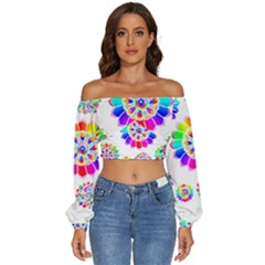 Rainbow Flowers T- Shirt Rainbow Psychedelic Floral Power Pattern T- Shirt Long Sleeve Crinkled Weave Crop Top