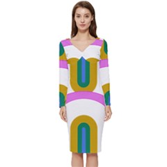 Rainbow T- Shirt Pink Double Rainbow Arc T- Shirt Long Sleeve V-neck Bodycon Dress  by maxcute