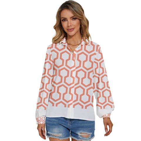 Shining Stephen King T- Shirt Geometric Pattern Looped Hexagons Orange Red Brown Women s Long Sleeve Button Down Shirt by maxcute