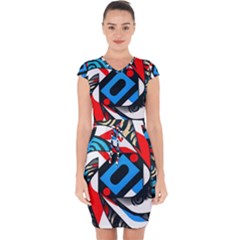 Abstract Background Pattern Capsleeve Drawstring Dress 