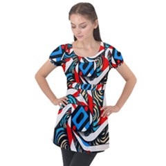 Abstract Background Pattern Puff Sleeve Tunic Top