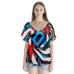 Abstract Background Pattern V-neck Flutter Sleeve Top