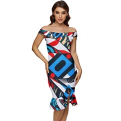 Abstract Background Pattern Off Shoulder Ruffle Split Hem Bodycon Dress