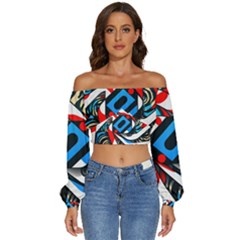 Abstract Background Pattern Long Sleeve Crinkled Weave Crop Top