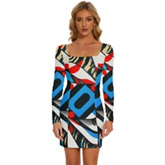 Abstract Background Pattern Long Sleeve Square Neck Bodycon Velour Dress