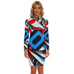 Abstract Background Pattern Long Sleeve Shirt Collar Bodycon Dress