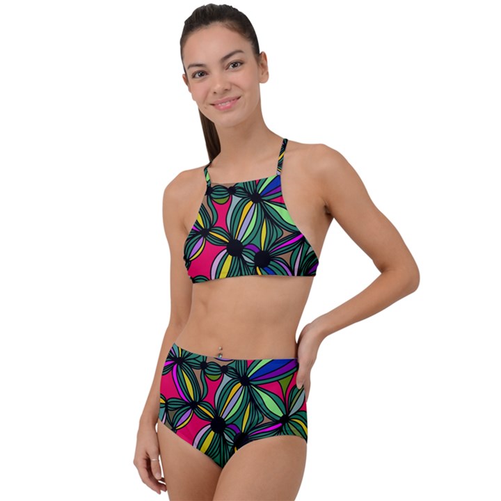 Background Pattern Flowers Seamless High Waist Tankini Set