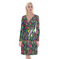 Background Pattern Flowers Seamless Long Sleeve Velvet Front Wrap Dress