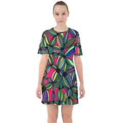 Background Pattern Flowers Seamless Sixties Short Sleeve Mini Dress