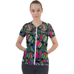 Background Pattern Flowers Seamless Short Sleeve Zip Up Jacket