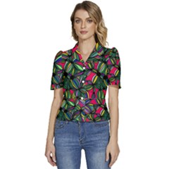 Background Pattern Flowers Seamless Puffed Short Sleeve Button Up Jacket