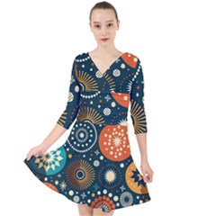 Abstract Pattern Quarter Sleeve Front Wrap Dress