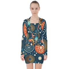 Abstract Pattern V-neck Bodycon Long Sleeve Dress