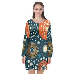 Abstract Pattern Long Sleeve Chiffon Shift Dress 