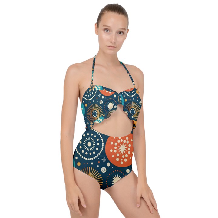 Abstract Pattern Scallop Top Cut Out Swimsuit