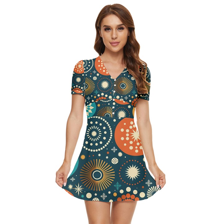 Abstract Pattern V-Neck High Waist Chiffon Mini Dress