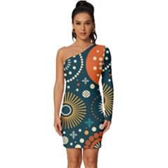 Abstract Pattern Long Sleeve One Shoulder Mini Dress