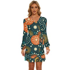 Abstract Pattern Long Sleeve Waist Tie Ruffle Velour Dress