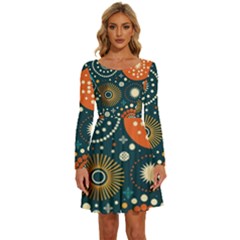 Abstract Pattern Long Sleeve Wide Neck Velour Dress