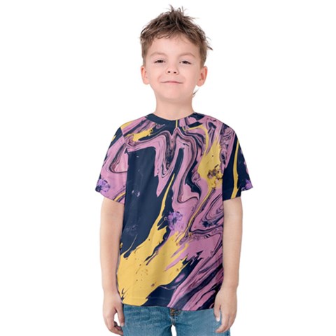 Pink Black And Yellow Abstract Painting Kids  Cotton Tee by Jancukart