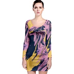 Pink Black And Yellow Abstract Painting Long Sleeve Bodycon Dress by Jancukart