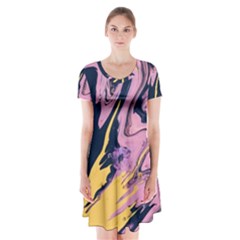 Pink Black And Yellow Abstract Painting Short Sleeve V-neck Flare Dress