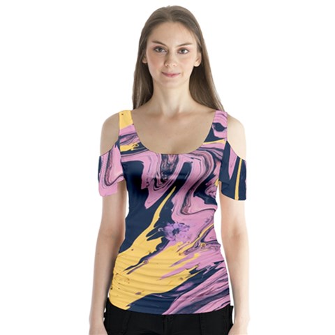 Pink Black And Yellow Abstract Painting Butterfly Sleeve Cutout Tee  by Jancukart