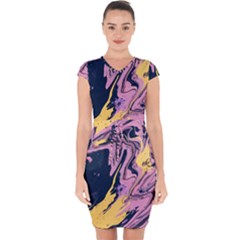 Pink Black And Yellow Abstract Painting Capsleeve Drawstring Dress 