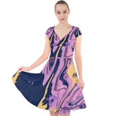 Pink Black And Yellow Abstract Painting Cap Sleeve Front Wrap Midi Dress