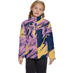 Pink Black And Yellow Abstract Painting Kids  Puffer Bubble Jacket Coat by Jancukart