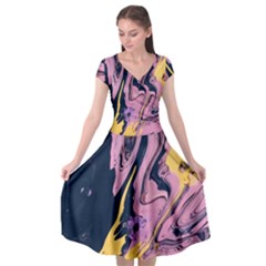 Pink Black And Yellow Abstract Painting Cap Sleeve Wrap Front Dress