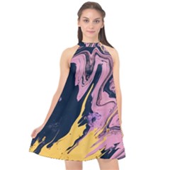 Pink Black And Yellow Abstract Painting Halter Neckline Chiffon Dress  by Jancukart