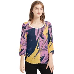 Pink Black And Yellow Abstract Painting Chiffon Quarter Sleeve Blouse by Jancukart