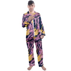 Pink Black And Yellow Abstract Painting Men s Long Sleeve Satin Pajamas Set by Jancukart