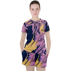 Pink Black And Yellow Abstract Painting Women s Tee And Shorts Set