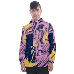 Pink Black And Yellow Abstract Painting Men s Front Pocket Pullover Windbreaker