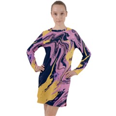 Pink Black And Yellow Abstract Painting Long Sleeve Hoodie Dress