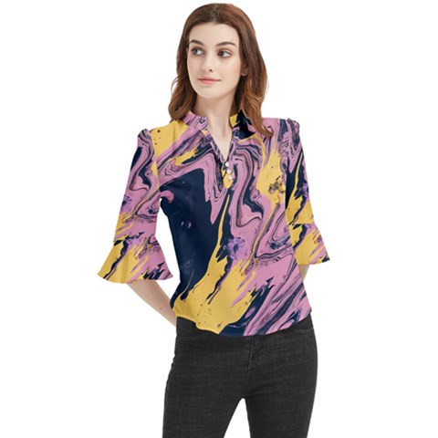 Pink Black And Yellow Abstract Painting Loose Horn Sleeve Chiffon Blouse by Jancukart