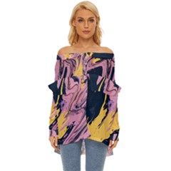 Pink Black And Yellow Abstract Painting Off Shoulder Chiffon Pocket Shirt by Jancukart