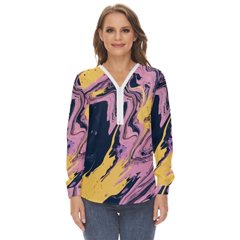 Pink Black And Yellow Abstract Painting Zip Up Long Sleeve Blouse by Jancukart