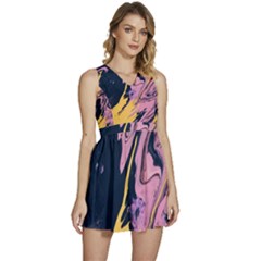 Pink Black And Yellow Abstract Painting Sleeveless High Waist Mini Dress