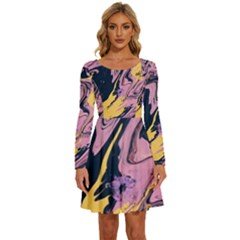 Pink Black And Yellow Abstract Painting Long Sleeve Wide Neck Velour Dress by Jancukart