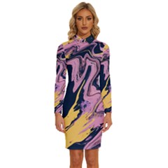 Pink Black And Yellow Abstract Painting Long Sleeve Shirt Collar Bodycon Dress