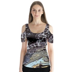 Black Marble Abstract Pattern Texture Butterfly Sleeve Cutout Tee 