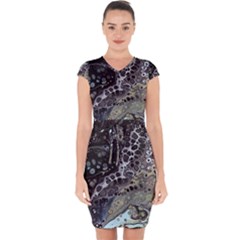 Black Marble Abstract Pattern Texture Capsleeve Drawstring Dress 