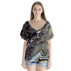 Black Marble Abstract Pattern Texture V-neck Flutter Sleeve Top