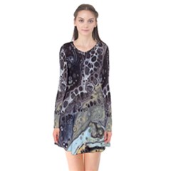 Black Marble Abstract Pattern Texture Long Sleeve V-neck Flare Dress