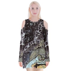 Black Marble Abstract Pattern Texture Velvet Long Sleeve Shoulder Cutout Dress