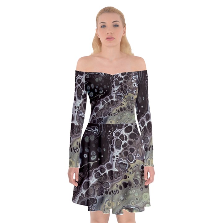 Black Marble Abstract Pattern Texture Off Shoulder Skater Dress