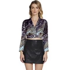 Black Marble Abstract Pattern Texture Long Sleeve Tie Back Satin Wrap Top